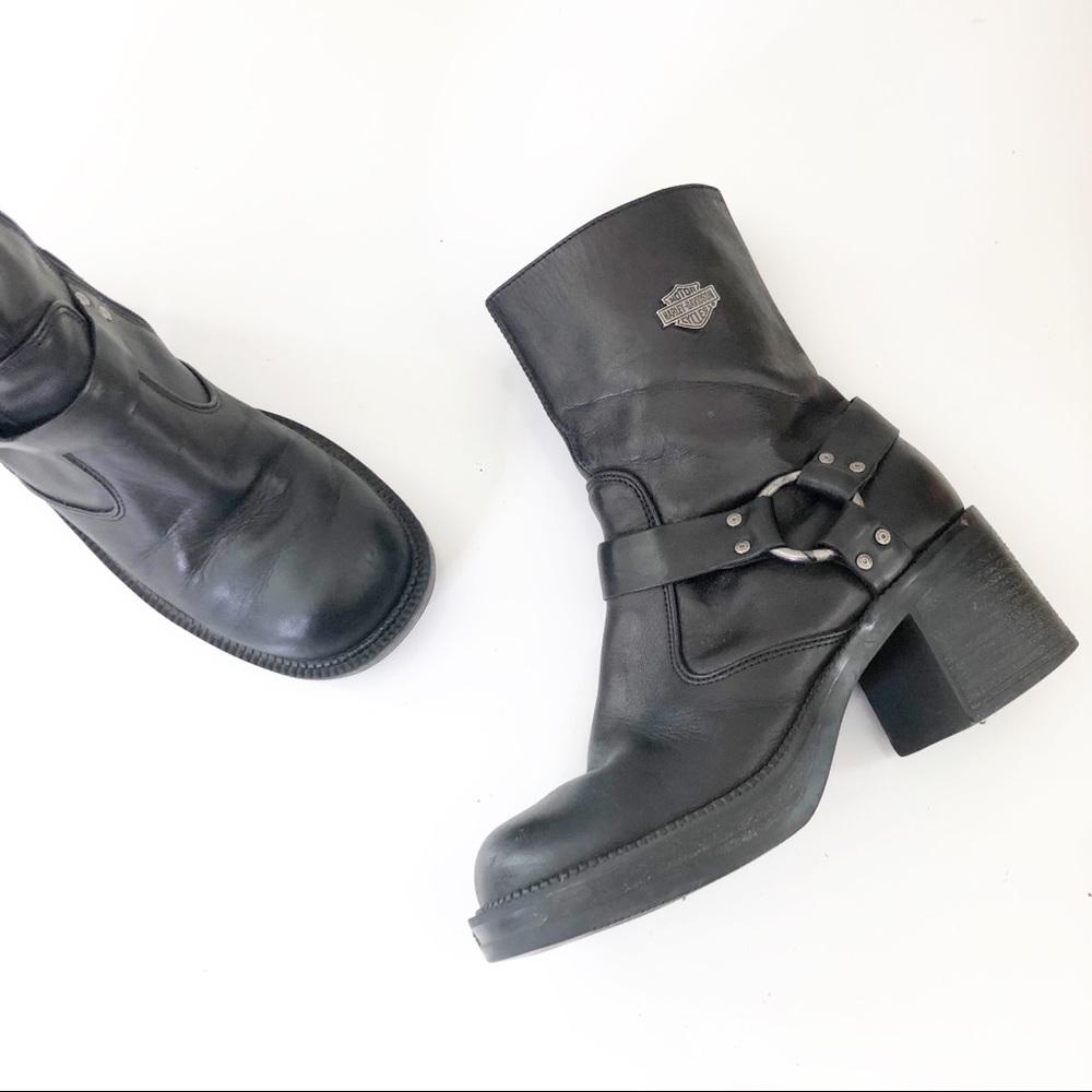 Harley Davidson Black Leather Harness Chunky Booties Boots Square Toe Size 7.5
